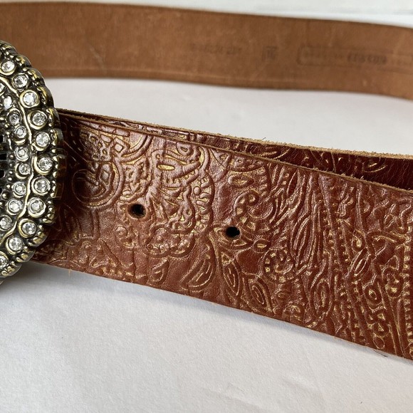 Fossil Womens Brown Gold Leather Tooled Belt Brass Floral Medallion Buckle sz M - Picture 6 of 12